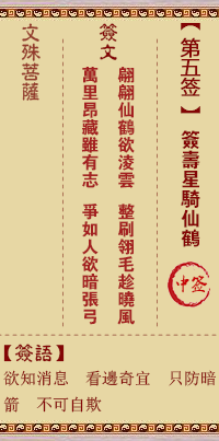 文殊菩萨灵签 第5签解签：寿星骑仙鹤